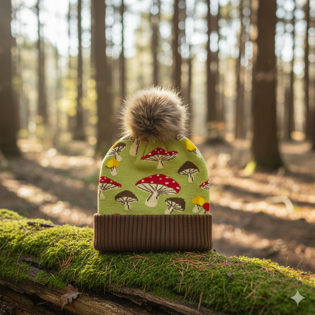 Green Knit Pom Beanie – Retro Mushroom Pattern Cozy Warm Winter Hat