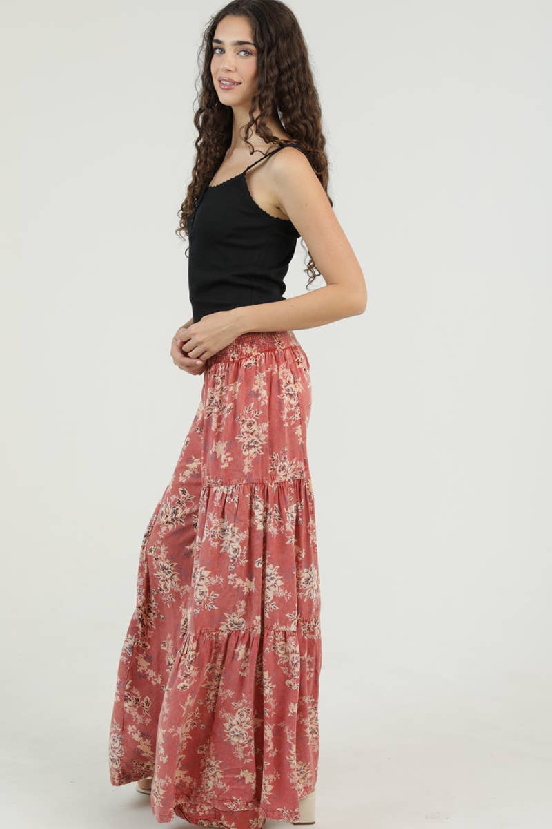 N3690-A598 Smocked WAIST TIERED WIDE LEG PANT