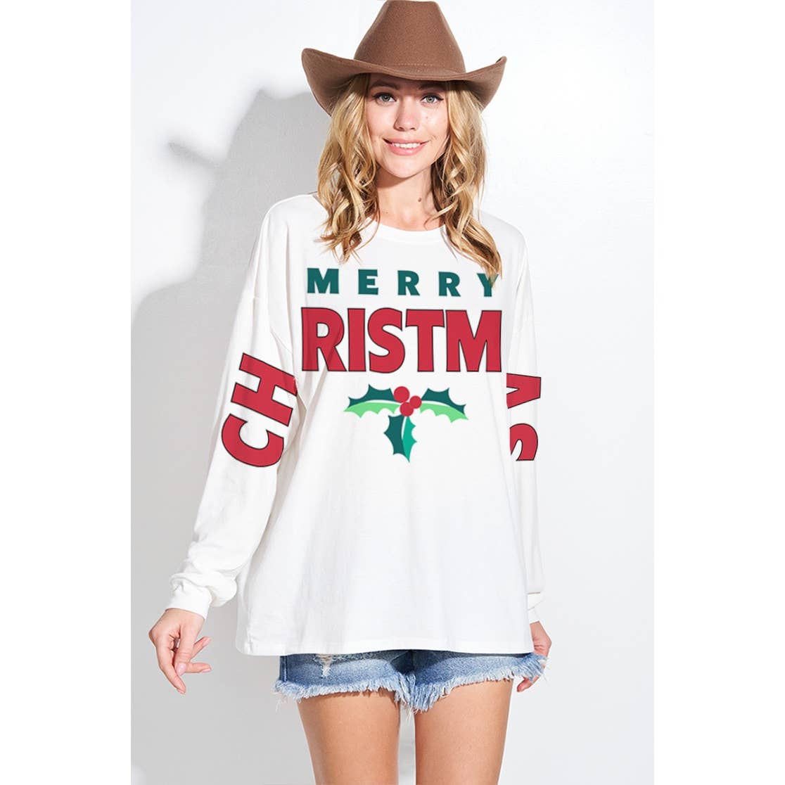 Christmas print tri-blend oversized top