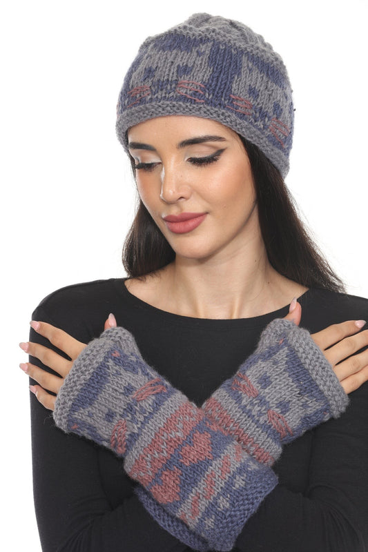 Hand knit Cat print fingerless gloves