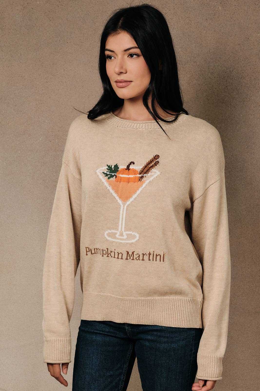Pumpkin Martini Graphic Long Sleeve Pullover Sweater