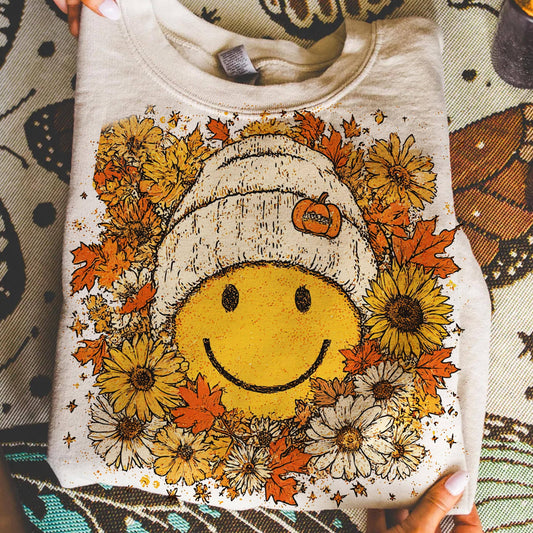 Floral Fall Smiley Face Shirt, Retro Fall Vibes Sweatshirt