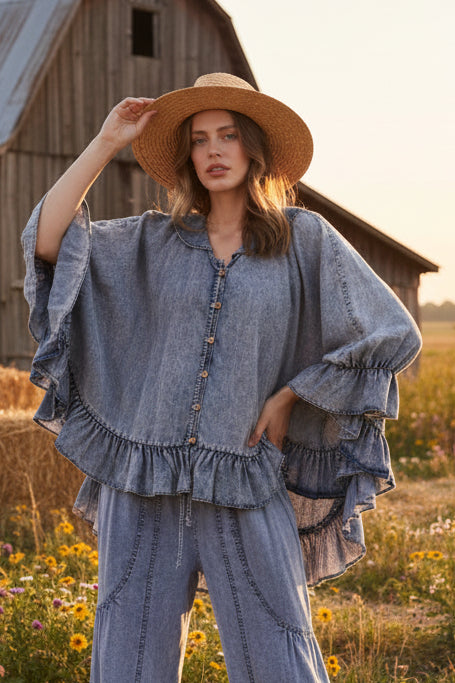 Bohemian Bell Ruffle Denim blouse!