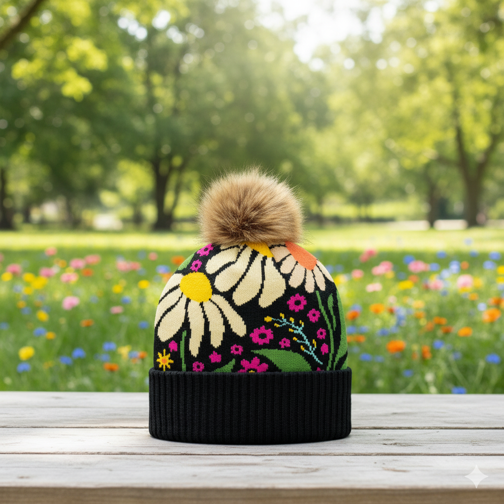 Black Knit Pom Beanie – Bold Daisy Floral Pattern Warm Winter Hat