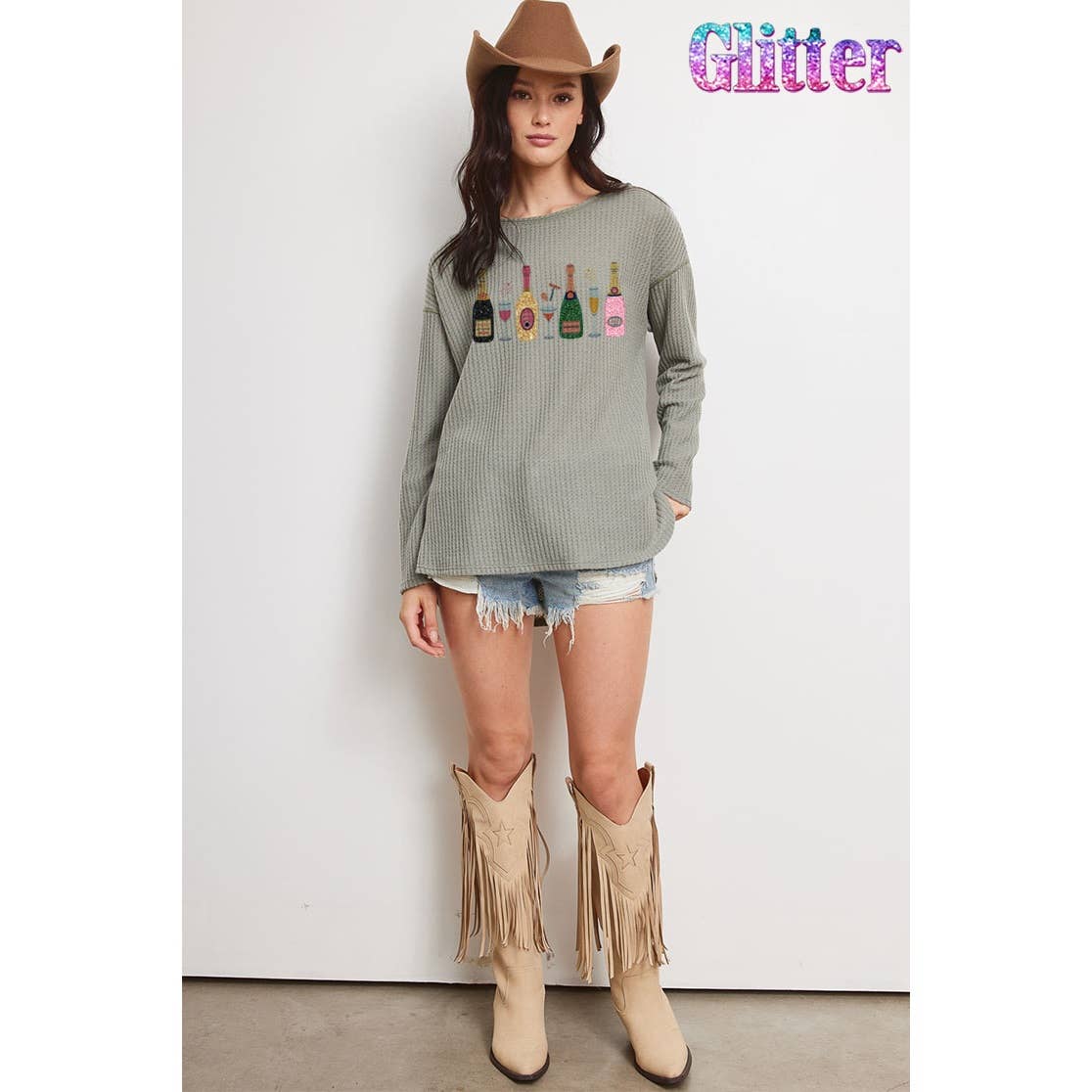 Glitter champagne bottle thermal long sleeve top