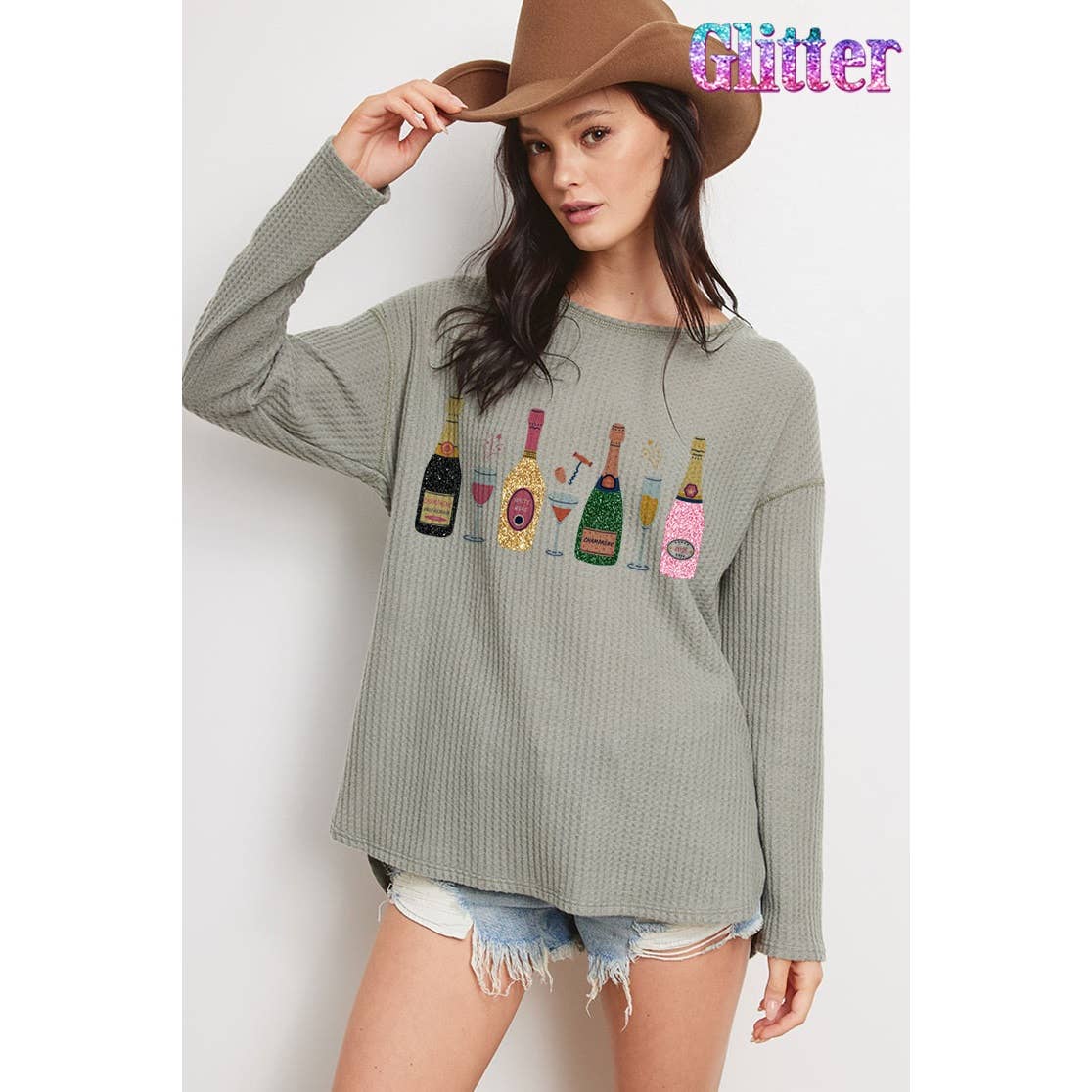 Glitter champagne bottle thermal long sleeve top