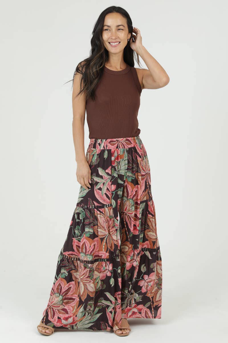 N5R84-FQ60 WIDE LEG LACE INSERT PRINTED FLARE PANTS