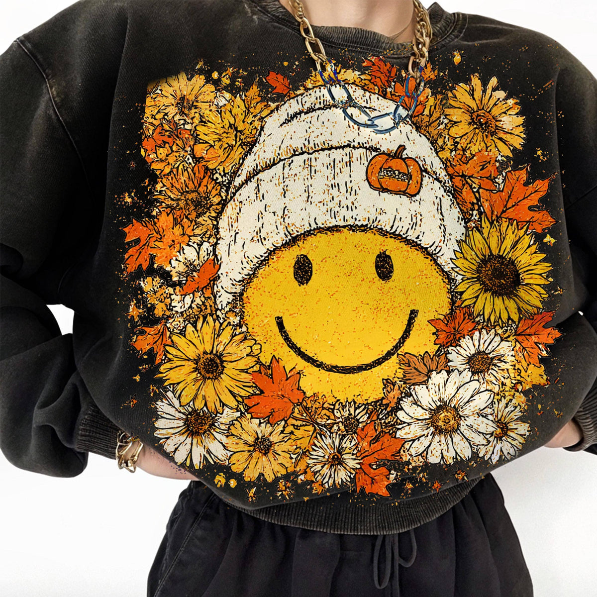 Floral Fall Smiley Face Shirt, Retro Fall Vibes Sweatshirt