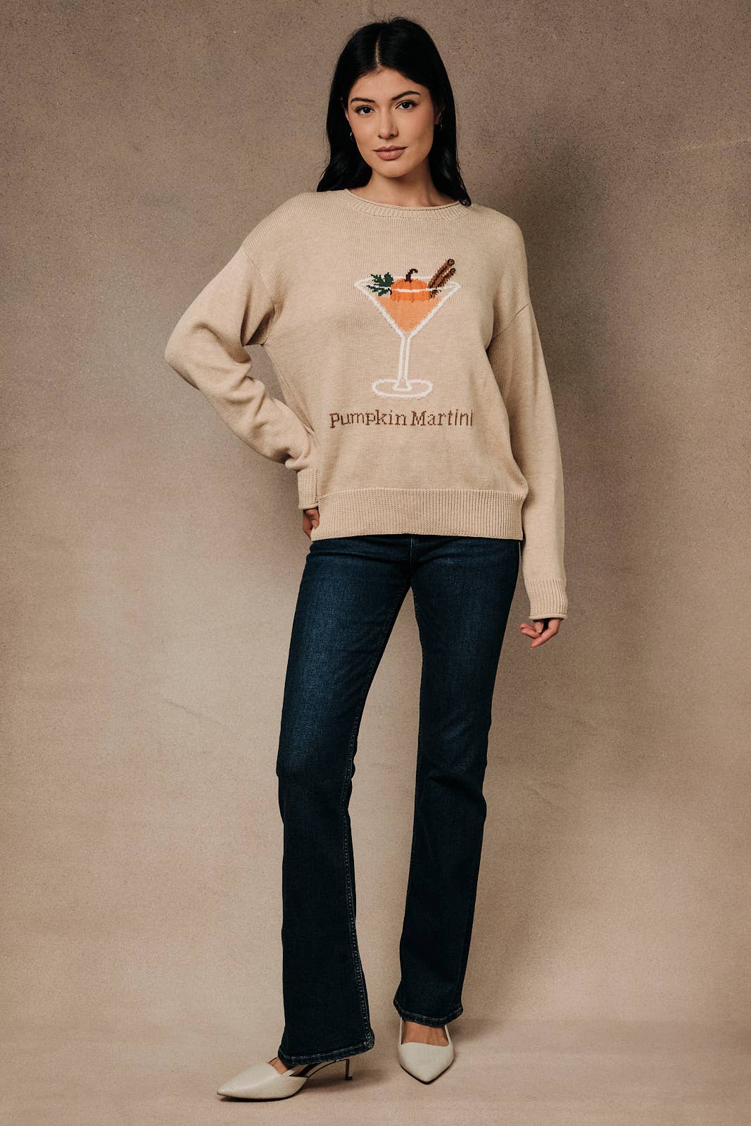 Pumpkin Martini Graphic Long Sleeve Pullover Sweater