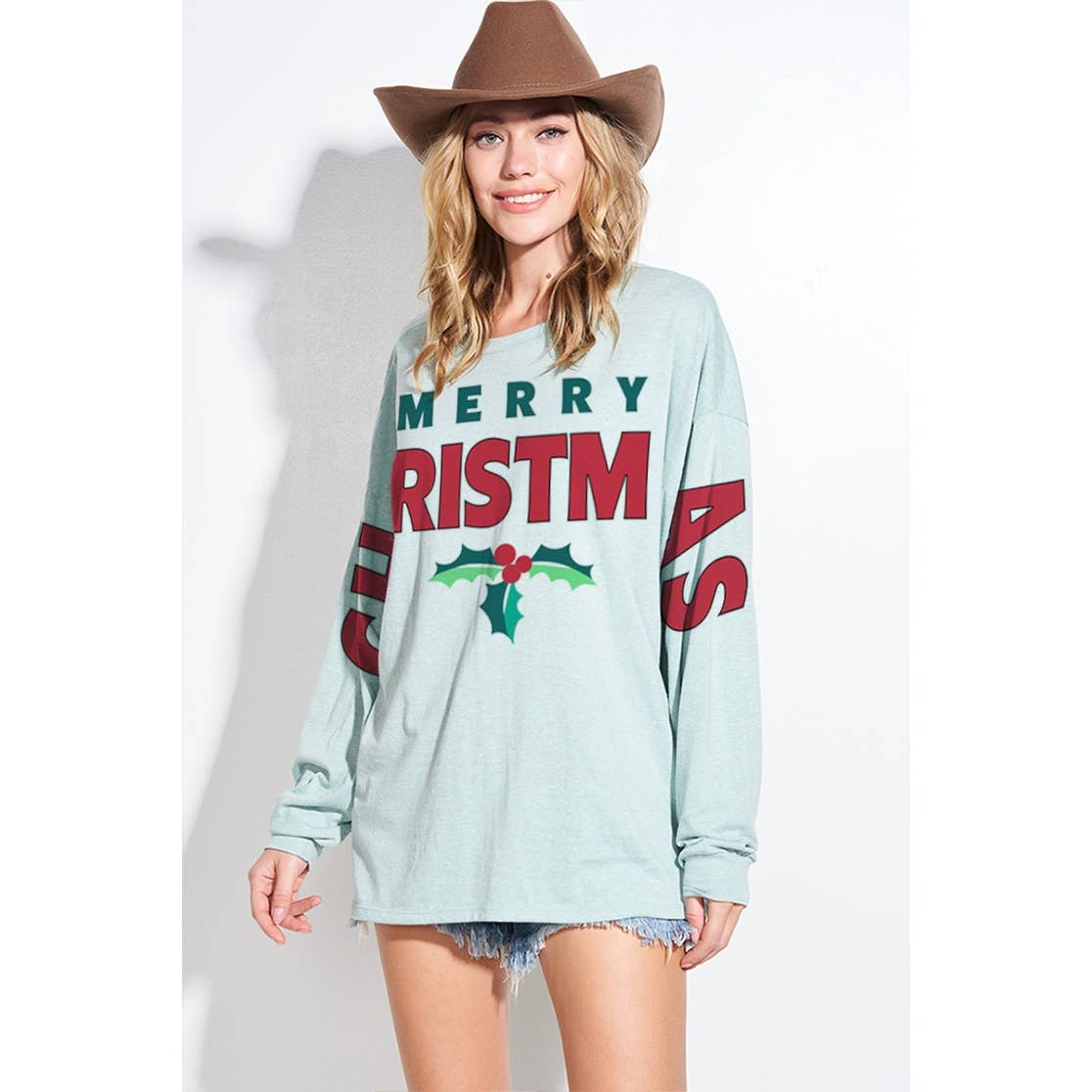 Christmas print tri-blend oversized top