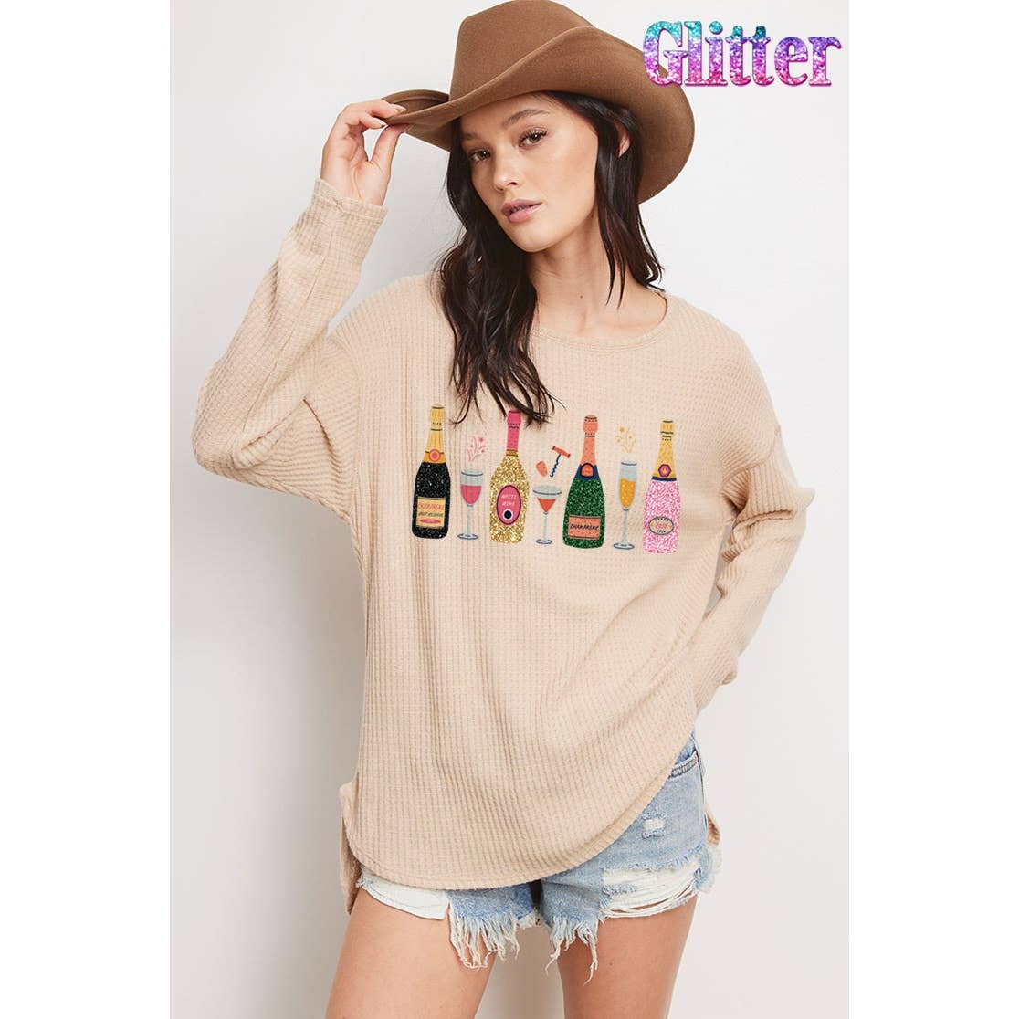 Glitter champagne bottle thermal long sleeve top
