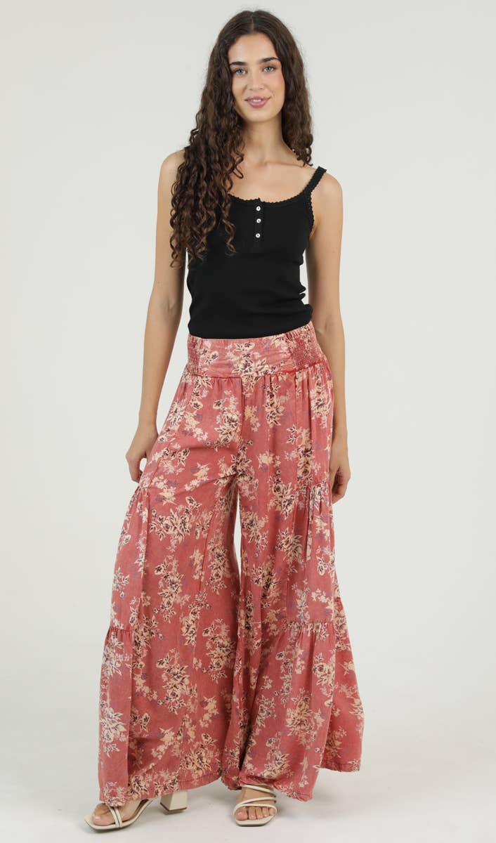 N3690-A598 Smocked WAIST TIERED WIDE LEG PANT