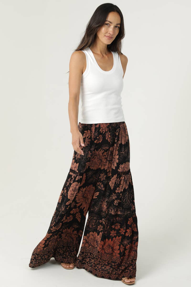 N5R84-WB08 PRINTED WIDE LEG FLARE PANTS WITH LACE TRIM