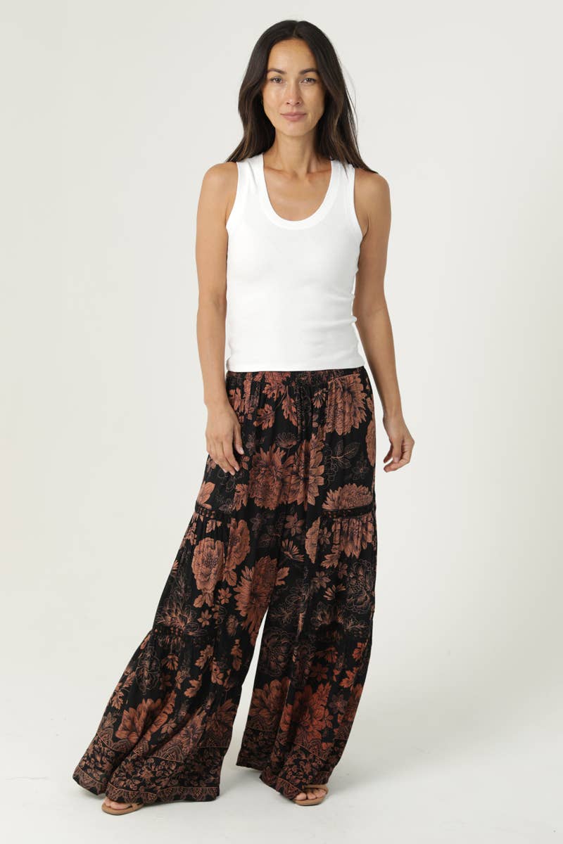 N5R84-WB08 PRINTED WIDE LEG FLARE PANTS WITH LACE TRIM