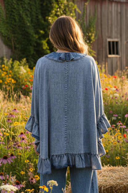 Bohemian Bell Ruffle Denim blouse!