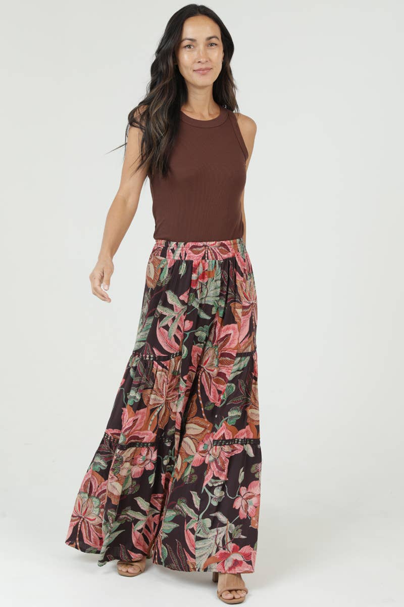 N5R84-FQ60 WIDE LEG LACE INSERT PRINTED FLARE PANTS