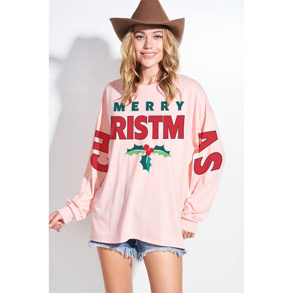 Christmas print tri-blend oversized top