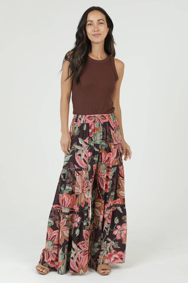N5R84-FQ60 WIDE LEG LACE INSERT PRINTED FLARE PANTS