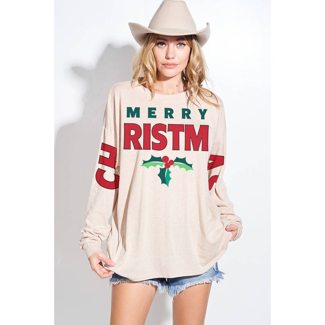 Christmas print tri-blend oversized top