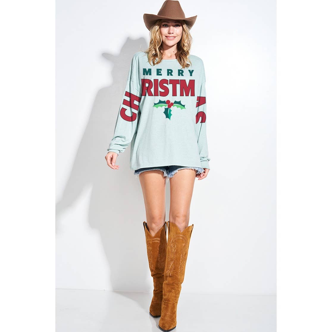 Christmas print tri-blend oversized top