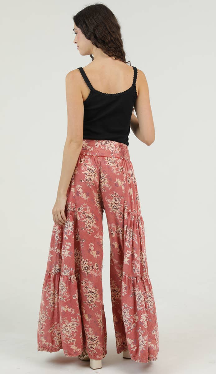 N3690-A598 Smocked WAIST TIERED WIDE LEG PANT