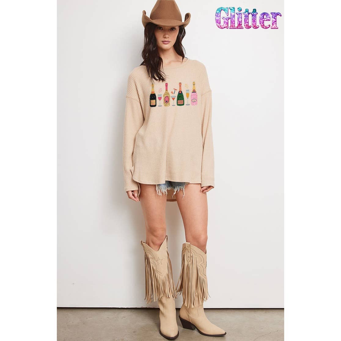 Glitter champagne bottle thermal long sleeve top